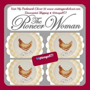 🦋 New Pioneer Woman Novelty Hen Appetizers 7"d Yellow Gingham Plates, Set of 4